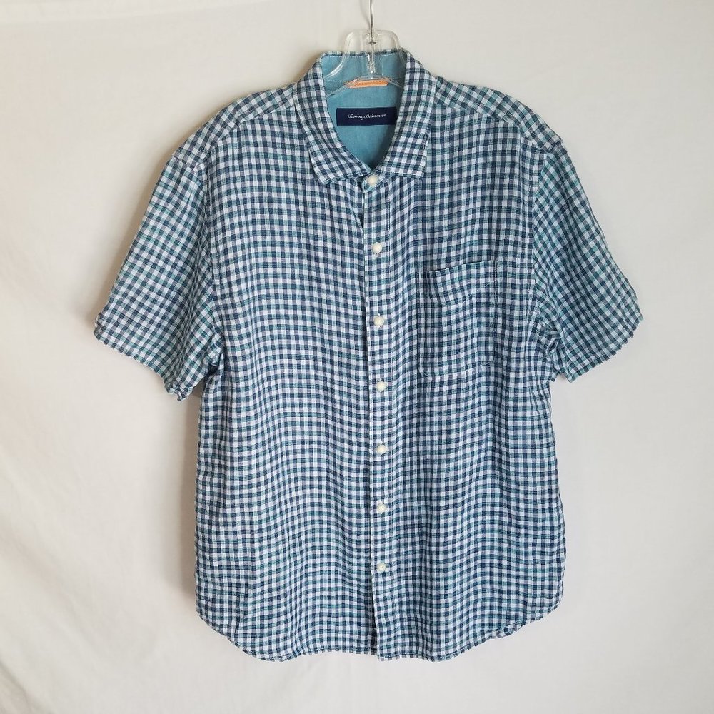 Tommy Bahama Mens Plaid 100% Linen Button Front S/S Hawaiian Shirt Size Large